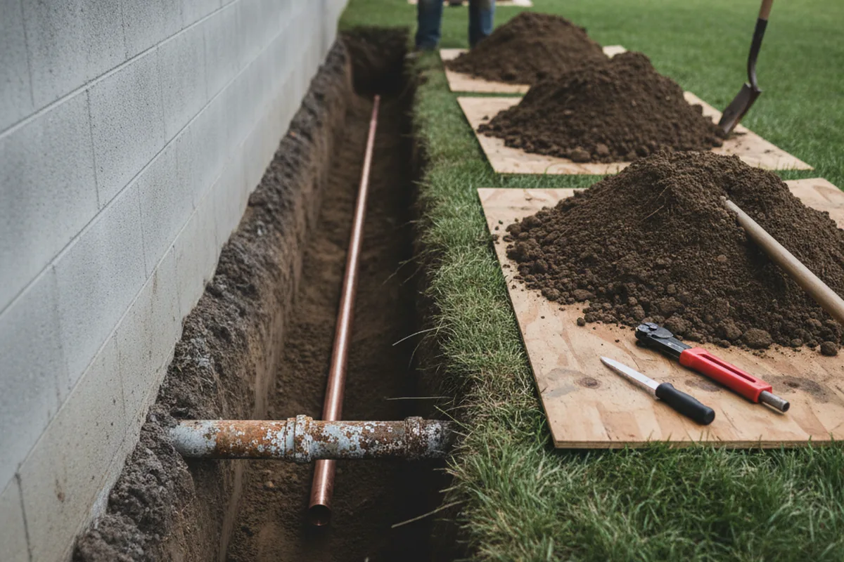 Excavated water line trench during Water Softener Installation in Avoca